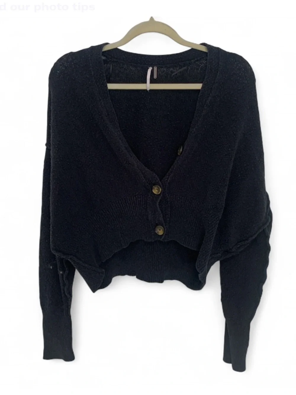 Free People Found My Friend Black Cropped V-Neck Button Cardigan